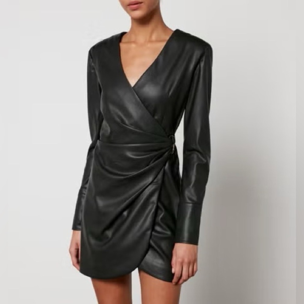 Anine Bing Joey Black Wrap Vegan Leather Dress